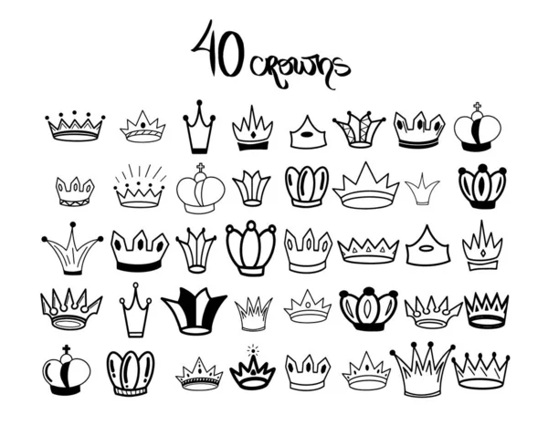 Esboço Crown Big Set Coroas Elegante Tiara Rainha Coroa Rei —  Vetores de Stock