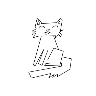 Mono çizgi siyah kedi soyut. Gülümseyen yüzü ile el çizilmiş soyutlama hayvan yavrusu. Mutlu evcil hayvan simgesi. Sanat çizgileri tarzı. Basit grafik tasarım kitty beyaz arka plan üzerinde izole. Devonrex düz logosu.
