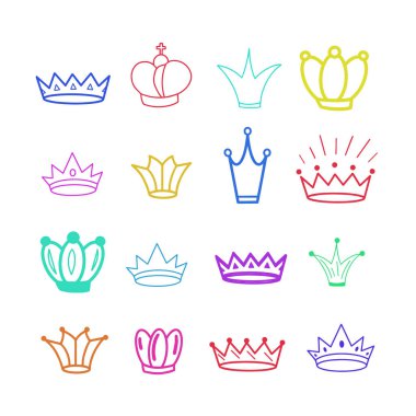 Çok renkli Taçlar ayarlayın. Tiara. Diadem. Eskiz tacı. Elle çizilmiş kraliçe tacı, kral şapkası. Kraliyet imparatorluk taç giyme sembolleri, hükümdar görkemli mücevheri. Prenses diadem. Handdrawn antik lüks jewerly.