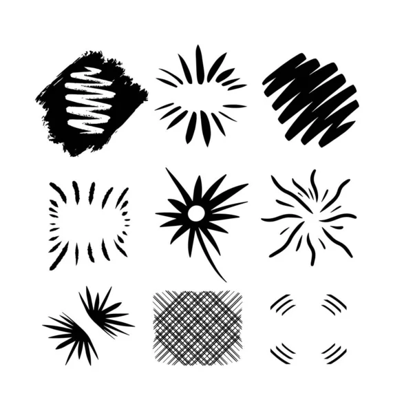 Black handdrawn sun bursts. Cute doodle borders and frame on notebook page. Modern vector illustration for logos, text, banners. Unique design ornaments. Drawn by pen, ink. Geometric grunge elements. — Stock Illustration Black Handdrawn Sun Bursts Cute Doodle Borders Frame Notebook Page Royalty Free Stock Illustrations