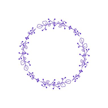 Çiçek Violet Yuvarlak Çerçeve. Çiçekli düğün çelengi, yaprak. Poster, t shirt baskı, kartpostal, video blog kapağı, sosyal medya kartı için beyaz arka plan üzerinde izole Botanik vektör illüstrasyon.