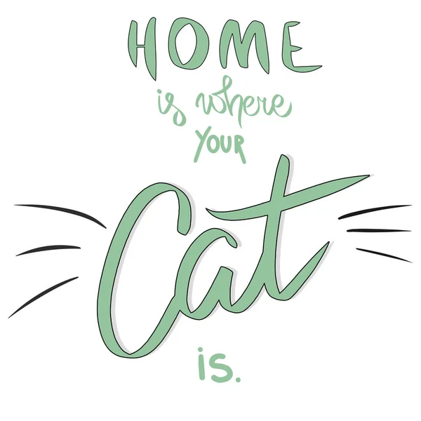 Home is where the cat is. Brush hand lettering on white background. Holiday greeting card or postcard. Vector sign. Sweet hand lettered quote. Modern calligraphy. Template for invitation. Cat mustache