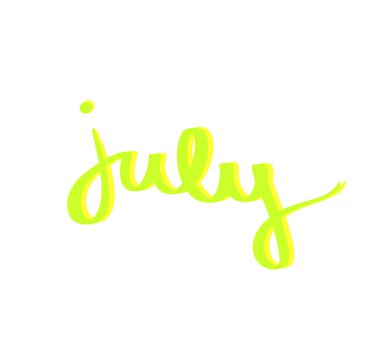 Temmuz el çizilmiş tipografi yazı metni. Neon yeşil sarı beyaz arka plan izole. Tebrik ve davet kartı, t-shirt, logo simgesi, baskı tasarımı, kumaş, takvim, tekstil için eğlenceli kaligrafi