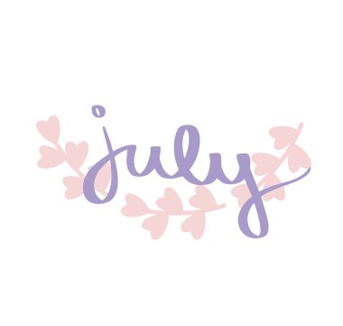 Violet Temmuz pembe yaprakları kenarlık ile baskı vektör metin yazı. Yaz minimalist illüstrasyon. İzole mor kaligrafi ifade beyaz arka plan. Afiş, takvim, tekstil, logo, simge için grafik tasarım