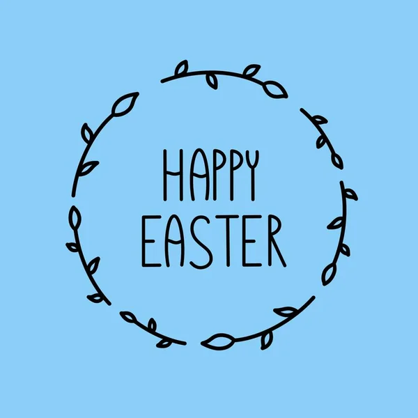 Happy Easter brush lettering illustration on blue background. Holiday greeting card or postcard. Sign with round floral leave frame. Hand lettered quote. Modern calligraphy. Template for invitation.