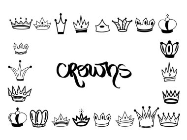 Kron. Tiara. Diadem. Eskiz tacı. Elle çizilmiş kraliçe tacı, kral tacı. Kraliyet imparatorluk taç giyme sembolleri, hükümdar görkemli mücevheri. Prenses diadem. El çizimi taç vektörü. Şapka. Antik lüks jewerly