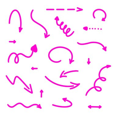 Soyut Pembe Oklar ayarlayın. Doodle el yapımı işaretçi tarzı. Not, iş planı, grafik sunumu, baskılar, tekstil, sarma, duvar kağıdı, web sitesi için Çizim toplama illüstrasyon. Vektör.