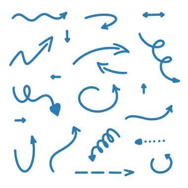 Soyut mavi Oklar ayarlayın. Doodle el yapımı işaretçi tarzı. Not, iş planı, grafik sunum, baskılar, tekstil, sarma, duvar kağıdı, web sitesi için Izole Sketch toplama illüstrasyon. Vektör.