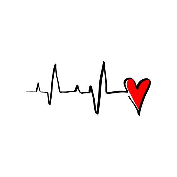 Black Red Heart Cardiogram Vector Illustration Monoline Style Romantic Minimalism — Stock Vector