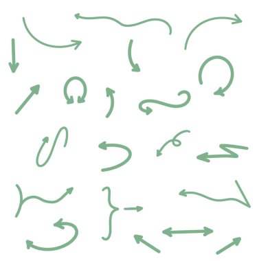 Oklar ayarlayın. El çizilmiş ok koleksiyonu vektör Illustration. Beyaz arka planda izole yeşil renkte modern el çizilmiş oklar. Yukarı, aşağı, daire, girdap, sol, sağ, Zigzag. Işık soyut eleman