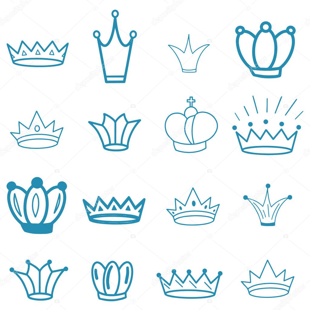 Crown Light blue collection. Handdrawn icon crowns. Big set of luxury jewerly. Vintage style. Design elements for artwork, print, logotype, textile, social media poster, banner placard