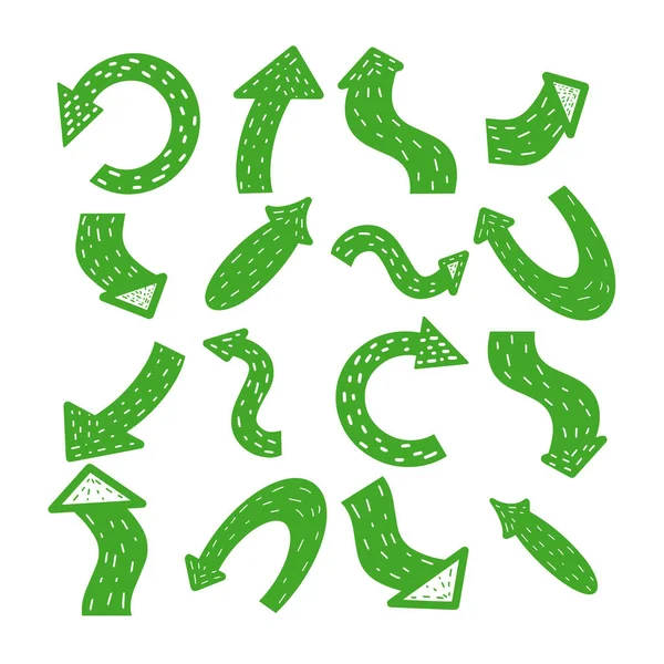 Groene Scandinavische Pijlen Hand Getekende Pijl Ingesteld Geïsoleerd Witte Achtergrond — Stockvector