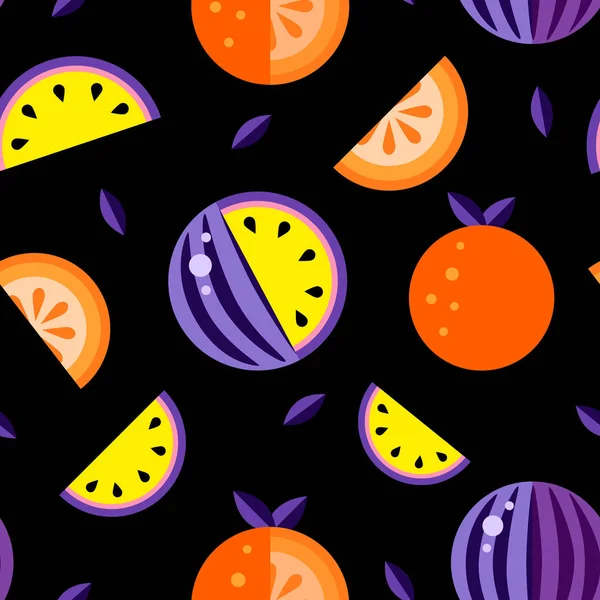 Wassermelonen Violett Gelb Orange Schwarz Hintergrund Nahtlose Muster Melone Set — Stockvektor