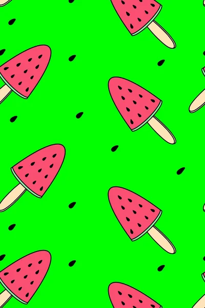 Sandías Helado Fondo Verde Ilustración Patrón Sin Costuras Sandía Roja — Vector de stock