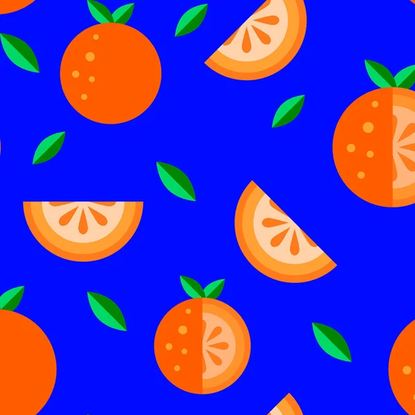 Oranje Fruit Platte Pictogrammen Naadloze Patroon Instellen Blauwe Achtergrond Cartoon — Stockvector