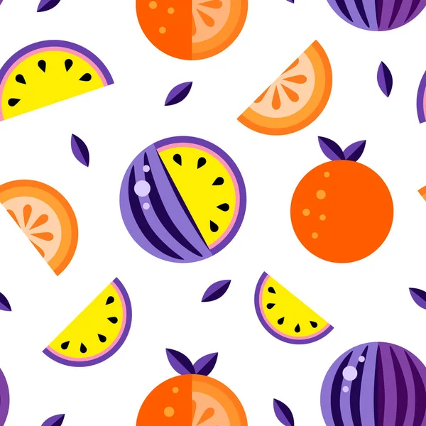 Watermeloenen Violet Geel Oranje Witte Achtergrond Naadloze Patroon Meloen Set — Stockvector