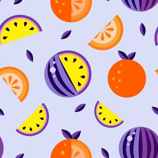 Watermeloenen Violet Geel Oranje Paars Achtergrond Naadloze Patroon Meloen Set — Stockvector