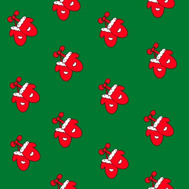 Eldivenler Kusursuz Desen. Kırmızı yeşil Noel Baba tasarımı. El çizimi kış posteri. Noel dekorasyon ikonu. Tekstil davetiyesi hediye kartı için şenlikli Xmas Raster illüstrasyonu