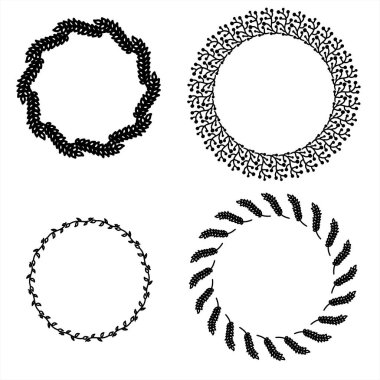 Siyah zarif kaligrafik harflerle daire şeklinde çelenkler. Vektör eliyle yazılmış noel cümleleri. Davetiyeler, tebrik kartları, alıntılar, bloglar, posterler için tasarım öğeleri. Düğün çerçeveleri için mükemmel.