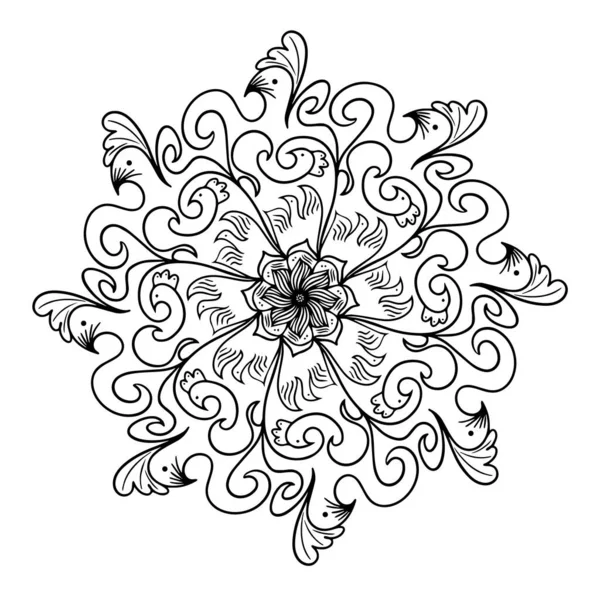 Mandala Floral Rond Noir Dessiné Main Sur Fond Blanc Isolé — Image vectorielle