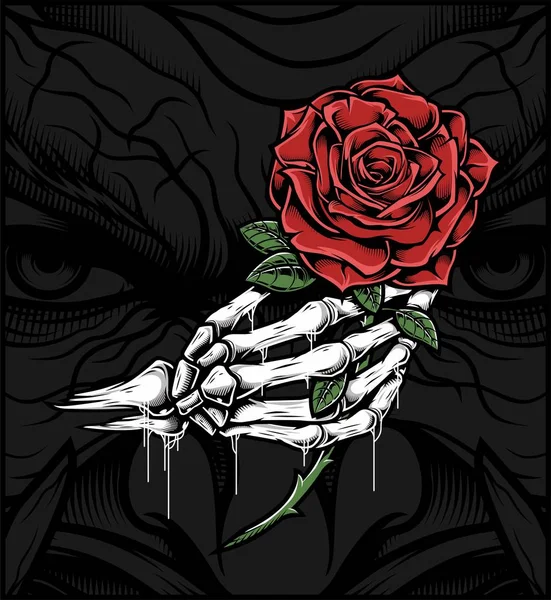 Mano del cráneo sosteniendo una rosa — Vector de stock