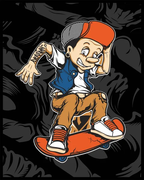 Eine Vektorillustration des jungen Pinocchio mit Skateboard — Stockvektor