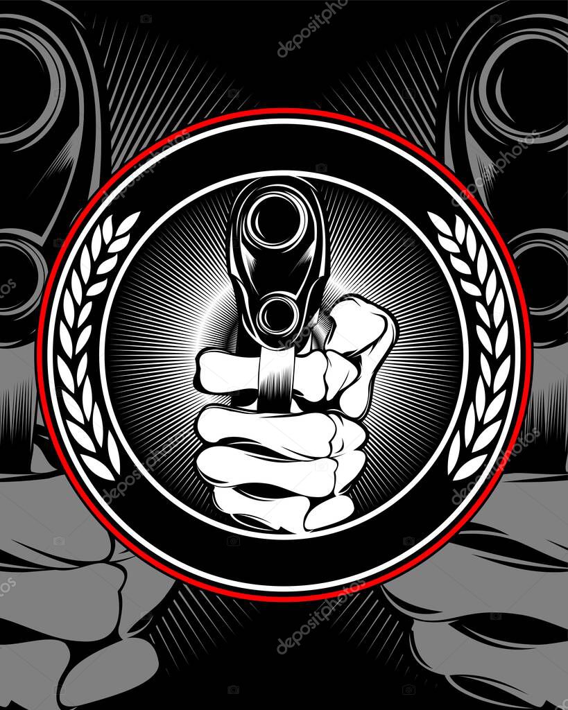 Skull hand holding a gun vector.Shirt designs, biker, disk jockey, gentleman, barber and many others.isolated and easy to edit. Vector Illustration - Vector