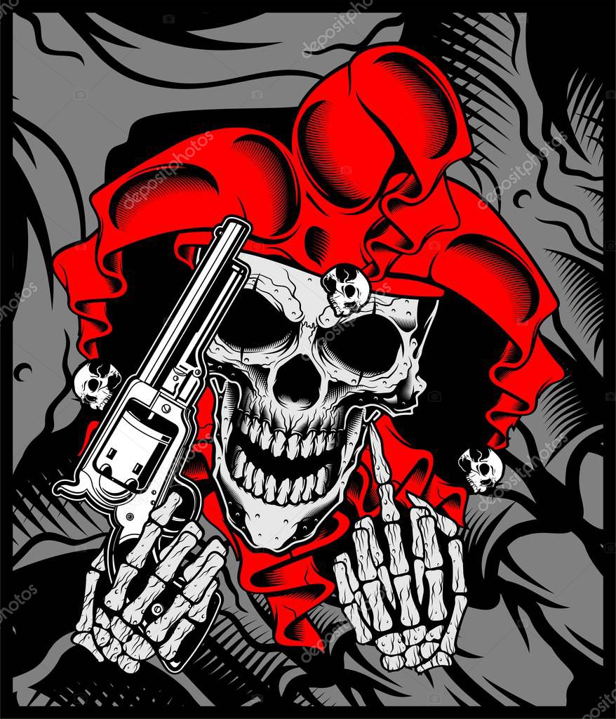 The joker's skull holds a gun.vector hand drawing.Shirt designs, biker, disk jockey, gentleman, barber and many others.isolated and easy to edit. Vector Illustration - Vector