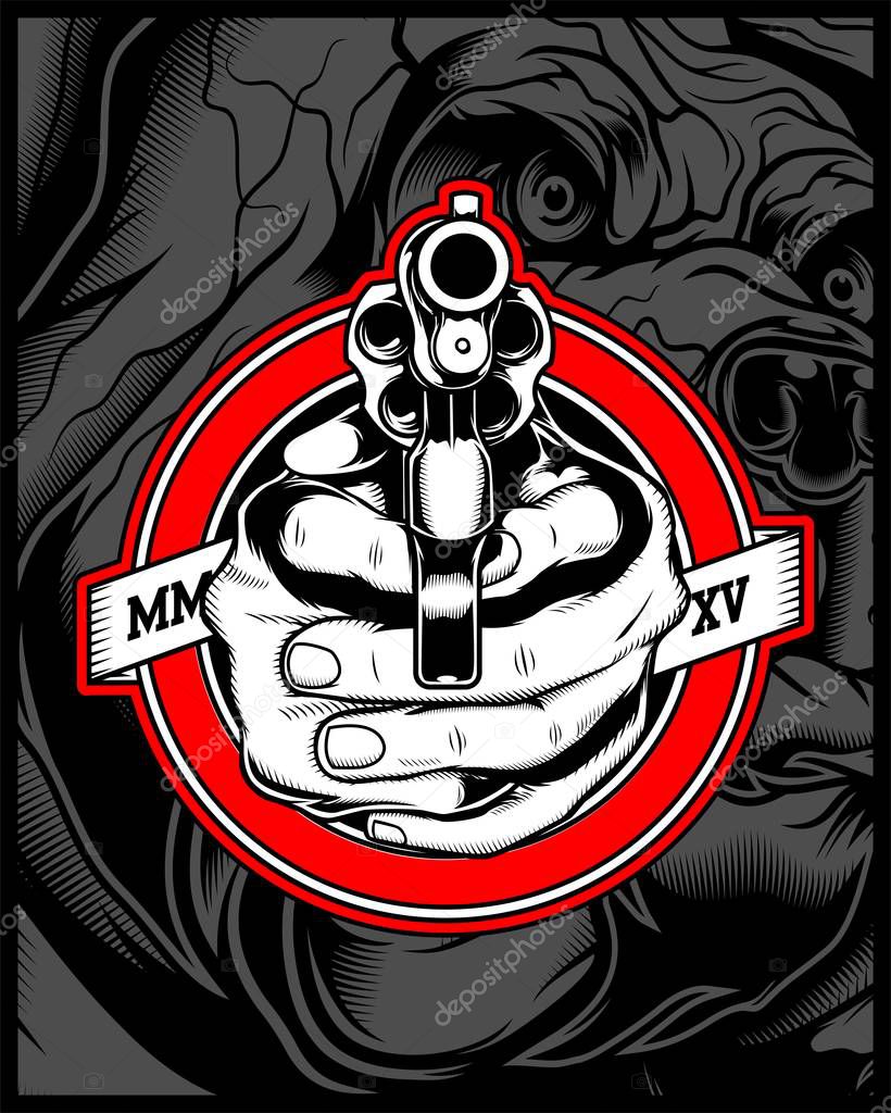 Two hands holding a gun.vector hand drawing,Shirt designs, biker, disk jockey, gentleman, barber and many others.isolated and easy to edit. Vector Illustration - Vector