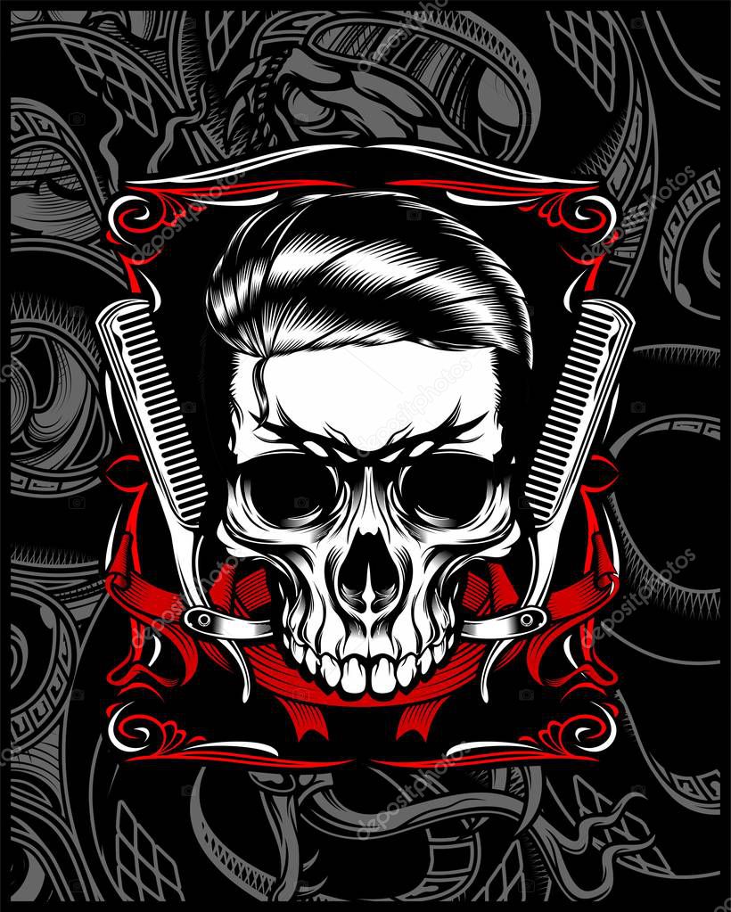 Barber shop skull hand drawing,Shirt designs, biker, disk jockey, gentleman, barber and many others.isolated and easy to edit. Vector Illustration - Vector