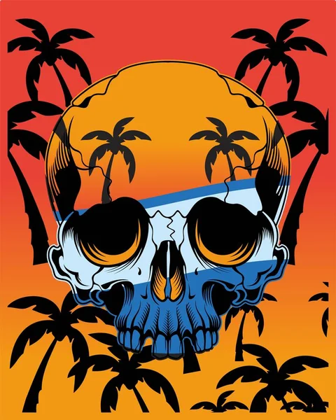 Ilustración vectorial de cráneo, verano y playa — Vector de stock