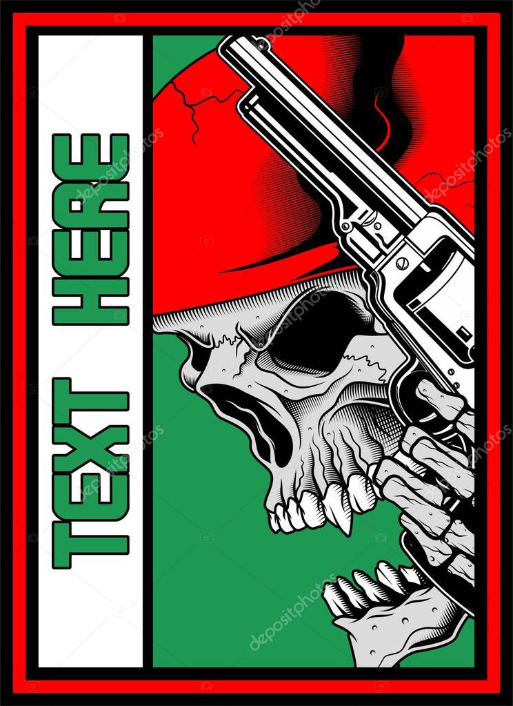 skull with gun hand drawing vector