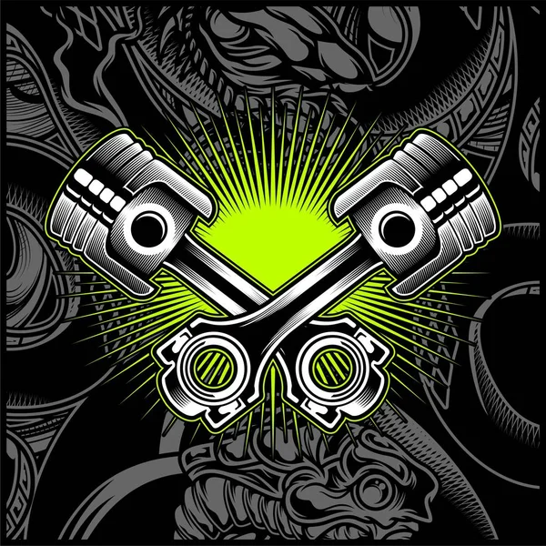 Pistón de moto cruzada negro y blanco emblema, logotipos, insignia - Vector — Vector de stock