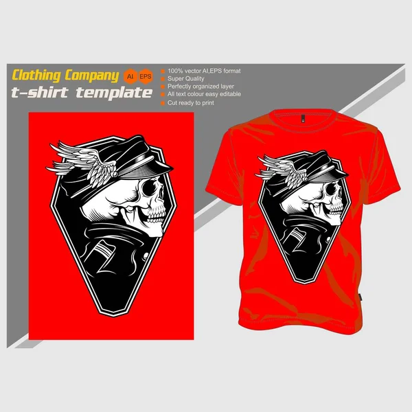 T-shirt mall med skull kapten, hand ritning vektor — Stock vektor
