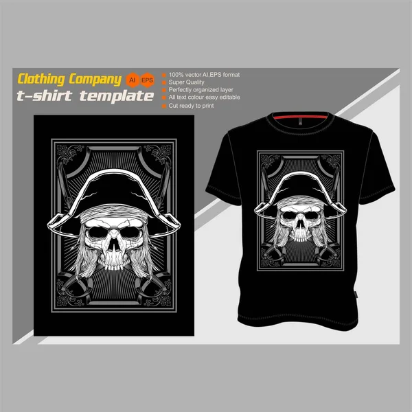 T-Shirt Vorlage mit Totenkopf Pirat, Hand Zeichnung Vektor — Stockvektor