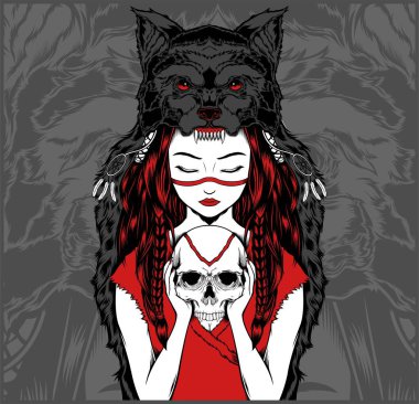 Native American girl with Wolf headdress handling skull -vector clipart