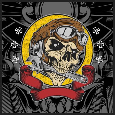Skull with motorcycle helmet biting the wrench - Vector clipart