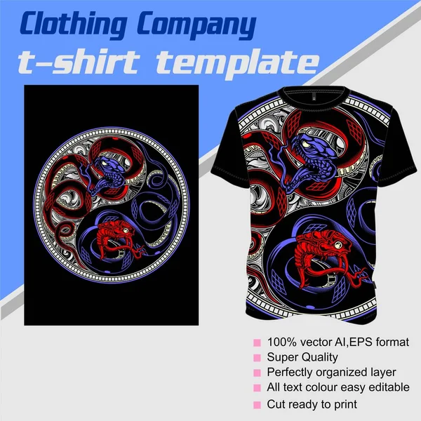 Modello di T-shirt, completamente modificabile con vettore serpente — Vettoriale Stock