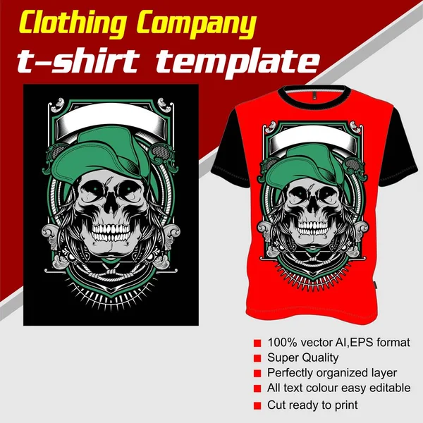 T-shirt sjabloon, volledig bewerkbaar met schedel dragende cap vector — Stockvector