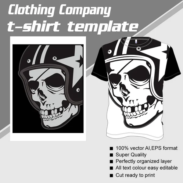 Modello di T-shirt, completamente modificabile con il vettore del casco del cranio — Vettoriale Stock