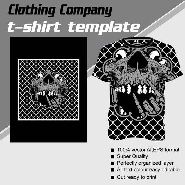 T-Shirt-Vorlage, vollständig editierbar mit Totenkopf-Metallvektor — Stockvektor