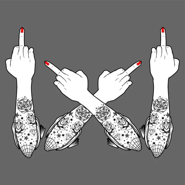 women Hand, middle finger. Fuck you, symbol. Vintage sketch-vector