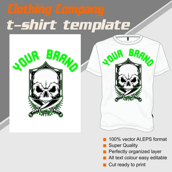Plantilla de camiseta, totalmente editable con vector de cráneo — Vector de stock