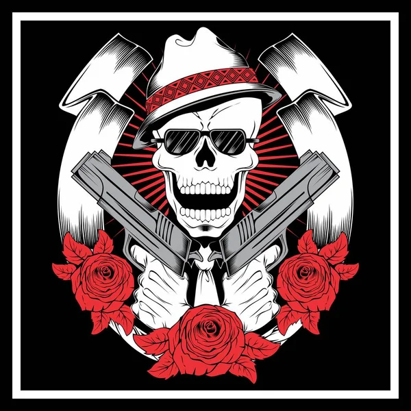 Mafia del cráneo, gángster vistiendo bandana con pistola y rosas — Vector de stock