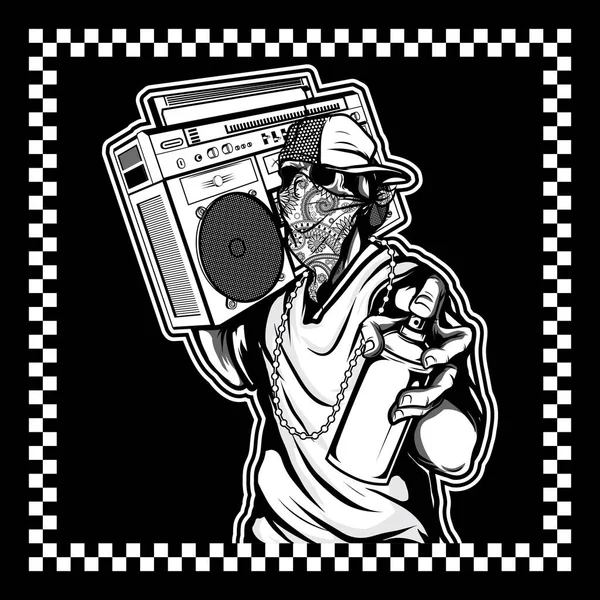 Skull hip hop handling spray paint and boombox hand drawing vector — Stock Vector