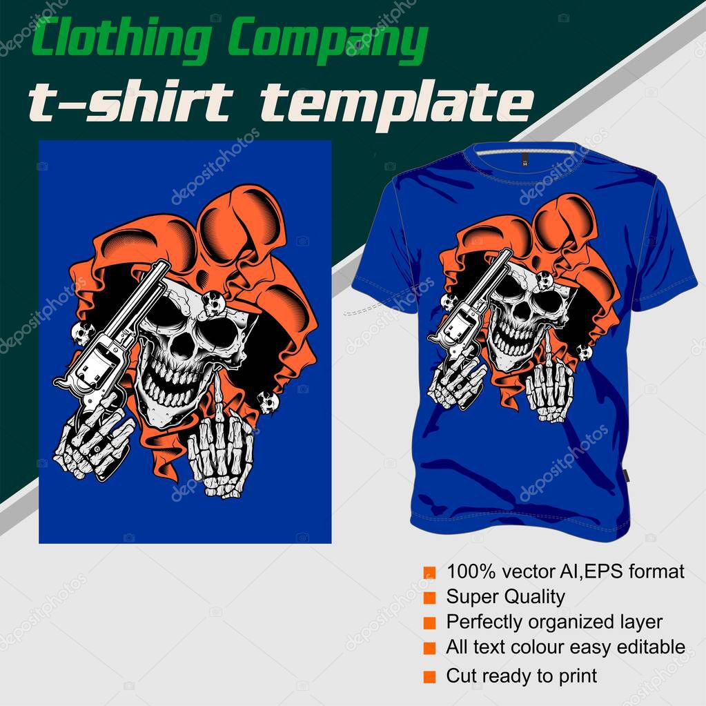 T-shirt template, fully editable with skull and gun vector