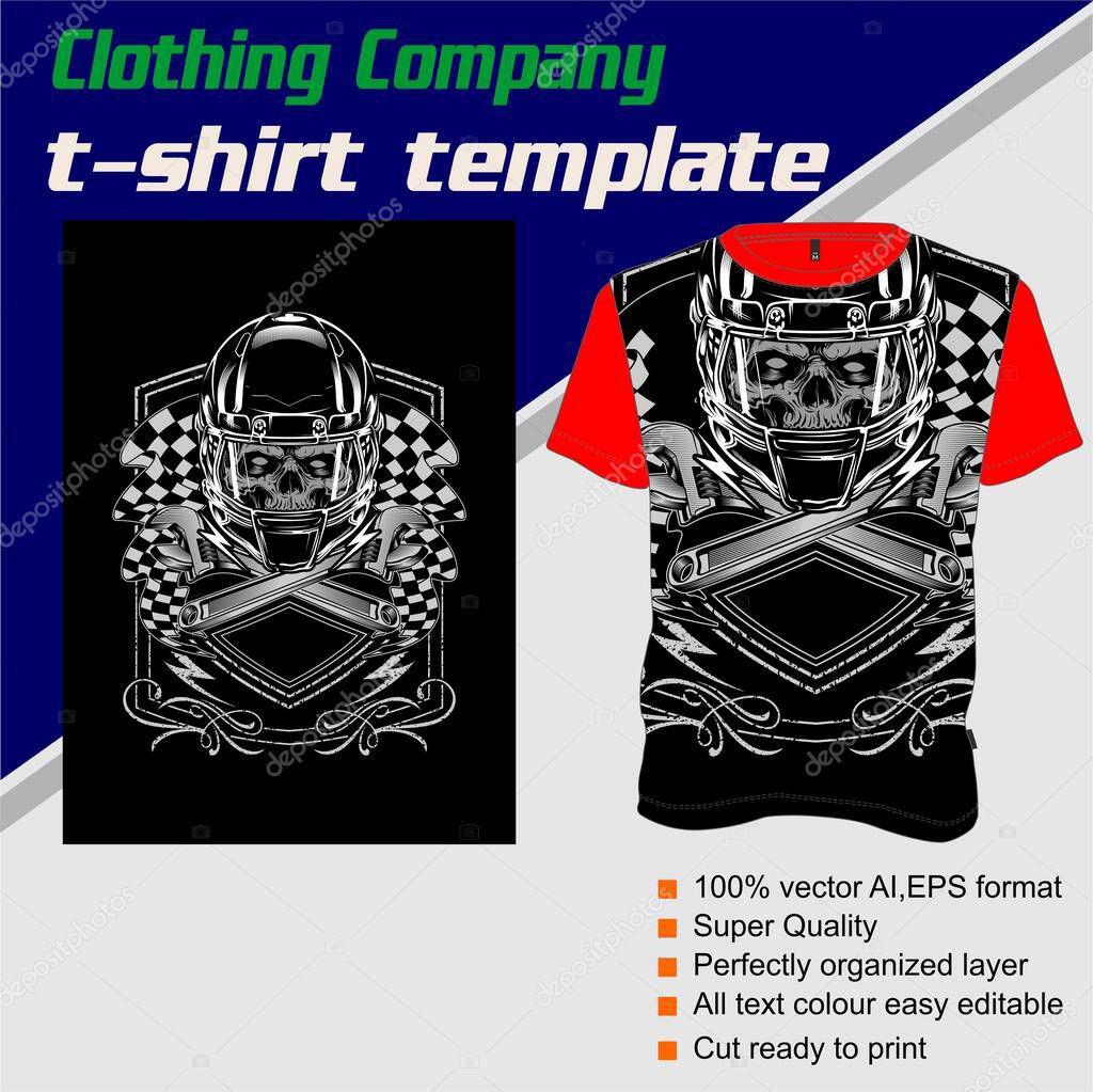 T-shirt template, fully editable with skull helmet vector