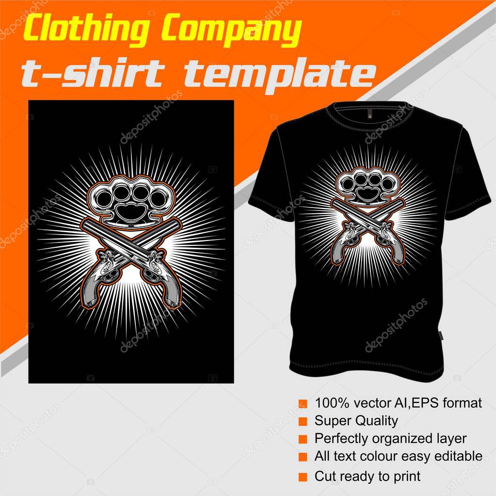 T-shirt template, fully editable with gun and knuckle vector