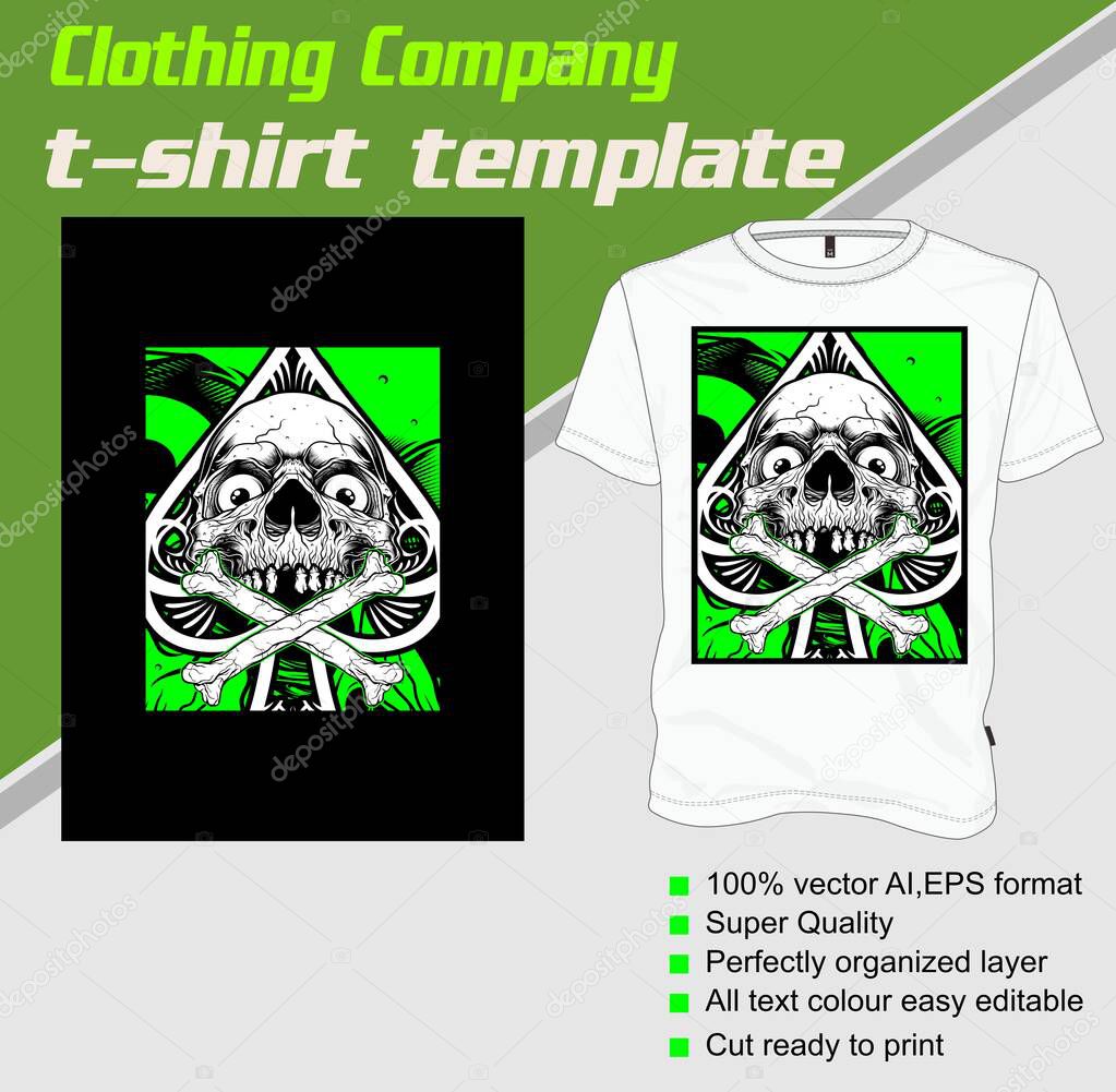 T-shirt template, fully editable with skull vector