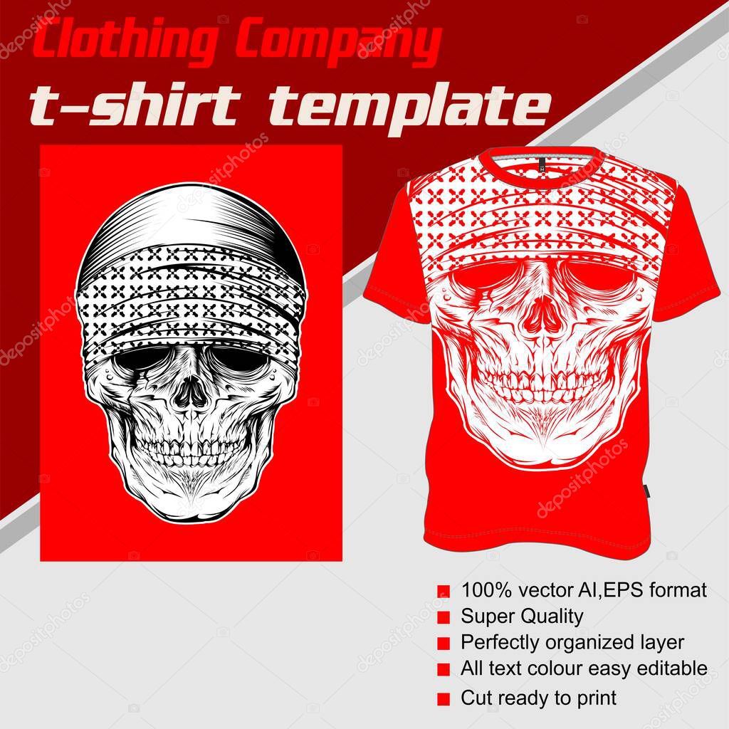 T-shirt template, fully editable with skull bandana vector